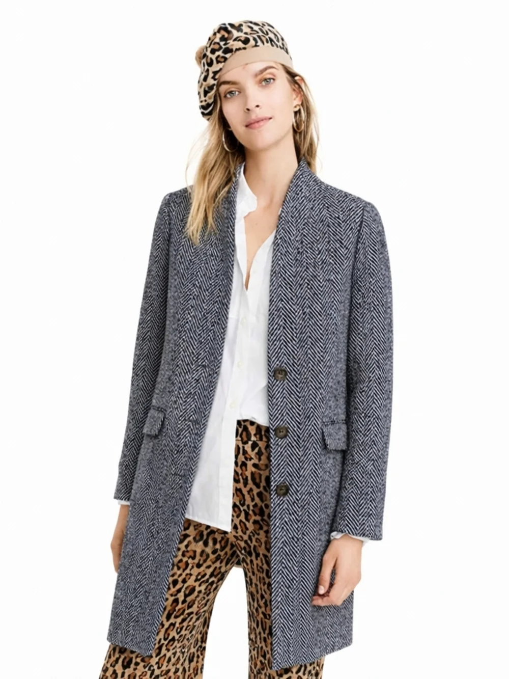 NWT J. Crew 98% Wool Herringbone Long Car Coat Navy Preppy Top Coat Tweed 6 Med - Picture 2 of 9